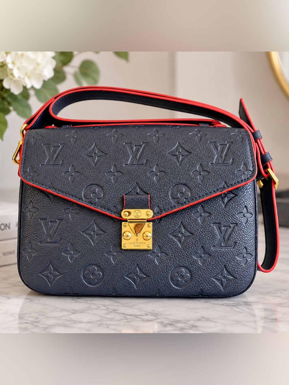 LV Style Navy Blue Empreinte Crossbody Bag Red Trim & Interior EUC
